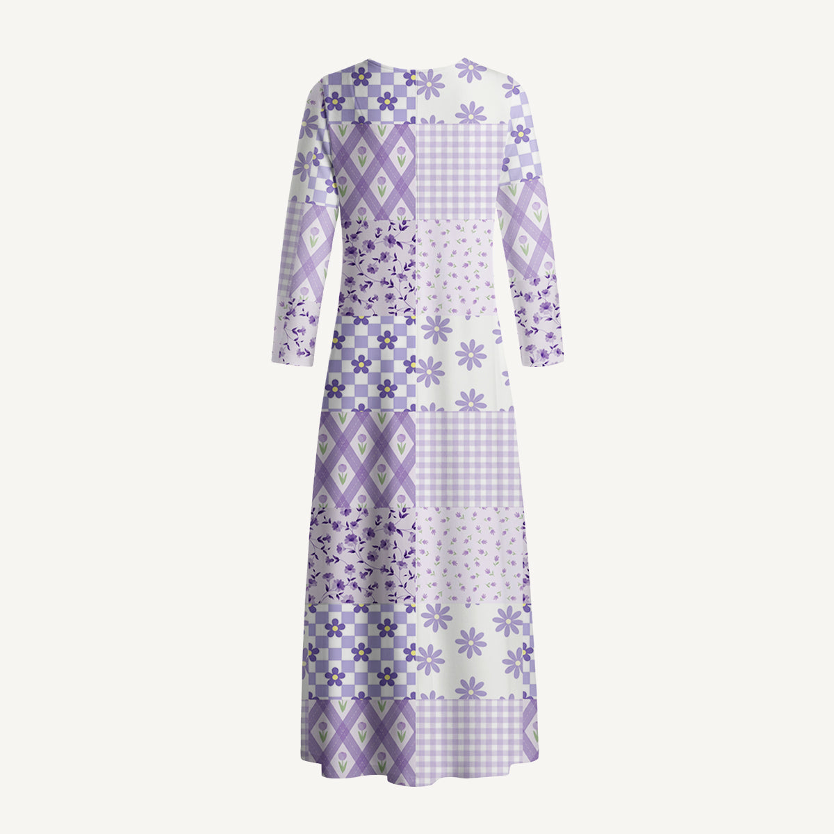 Lavender Daisy & Gingham Print Soft-Touch Stretch Knit Long Sleeve Maxi Dress with Pockets
