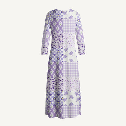Lavender Daisy & Gingham Print Soft-Touch Stretch Knit Long Sleeve Maxi Dress with Pockets