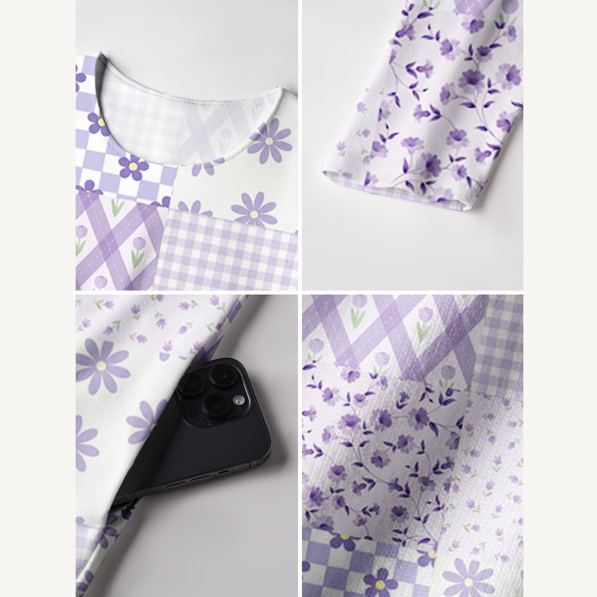 Lavender Daisy & Gingham Print Soft-Touch Stretch Knit Long Sleeve Maxi Dress with Pockets