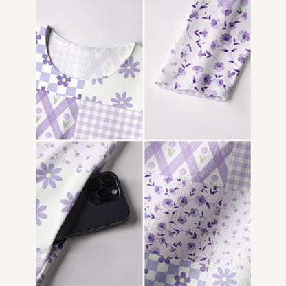 Lavender Daisy & Gingham Print Soft-Touch Stretch Knit Long Sleeve Maxi Dress with Pockets