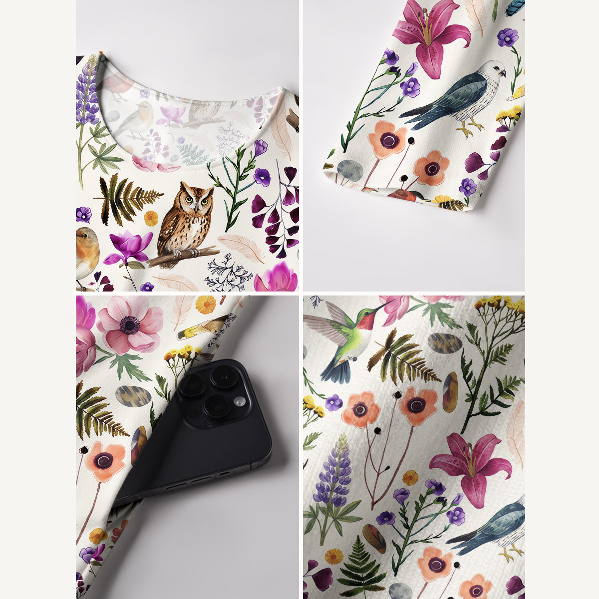Whimsical Woodland Birds Wildflowers Print Soft-Touch Stretch Knit Long Sleeve Maxi Dress with Pockets