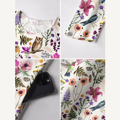 Whimsical Woodland Birds Wildflowers Print Soft-Touch Stretch Knit Long Sleeve Maxi Dress with Pockets
