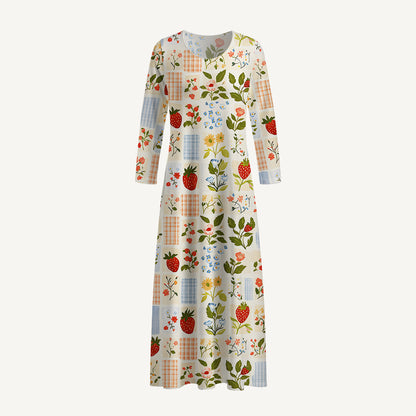 Strawberry Garden Patchwork Print Soft-Touch Stretch Knit Long Sleeve Maxi Dress with Pockets