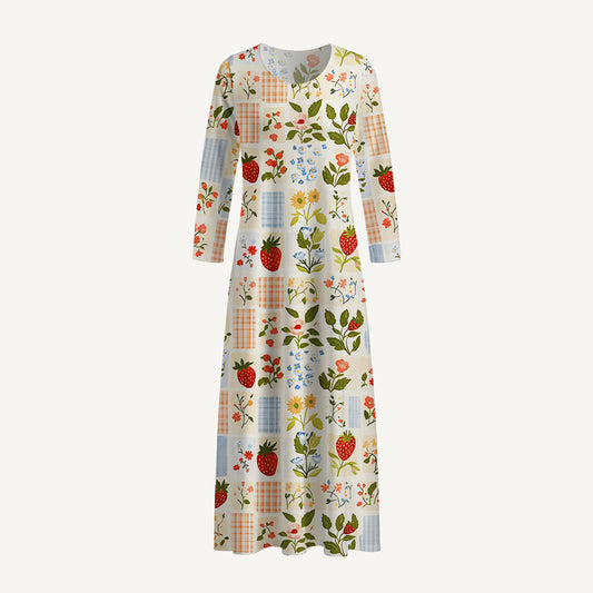 Strawberry Garden Patchwork Print Soft-Touch Stretch Knit Long Sleeve Maxi Dress with Pockets