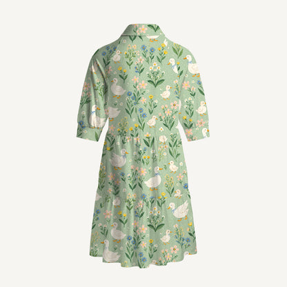 V Neck Collared Country Duck & Bloom Mini Dress For Women With Pockets