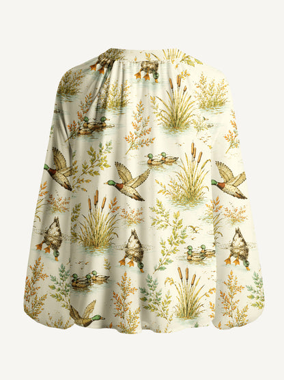 Duck Hunting Marsh Print Boho Long Sleeve Tie‑Neck Blouse