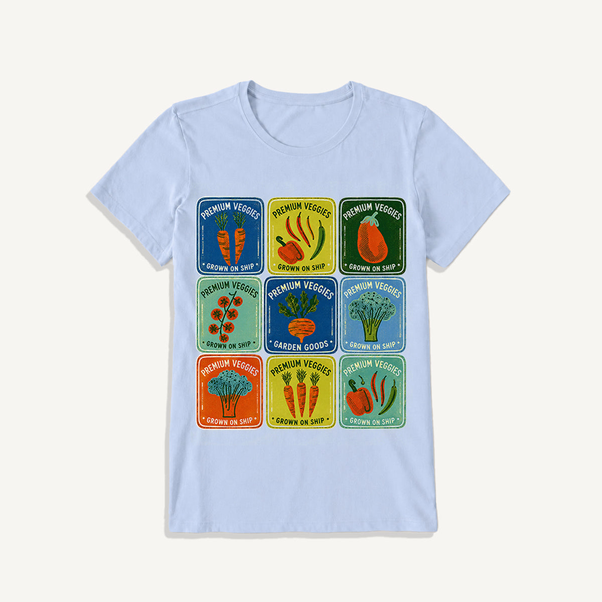 Vintage Veggie Market Print Crew Neck Cotton Tee