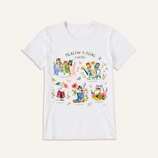 Watercolor Meadow Kittens Guide Print Crew Neck Cotton Tee