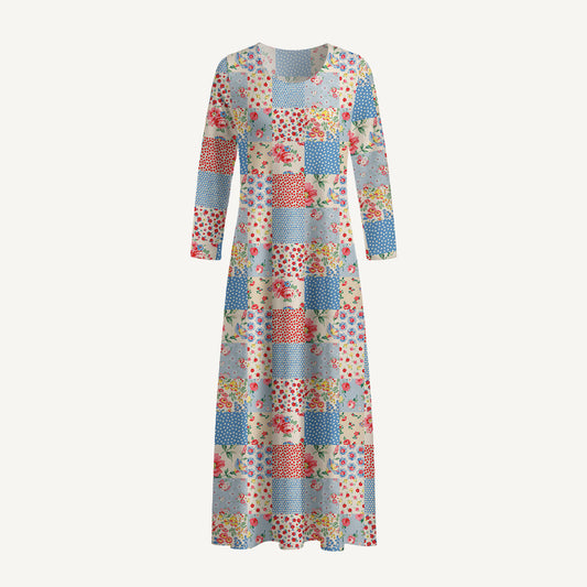 Pastel Patc Print Soft-Touch Stretch Knit Long Sleeve Maxi Dress with Pockets