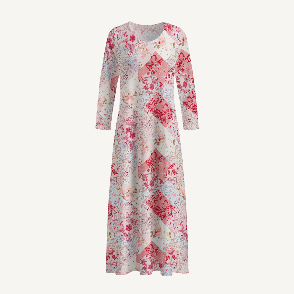 Shabby Chic Floral Patchwork Print Soft-Touch Stretch Knit Long Sleeve Maxi Dress with Pockets