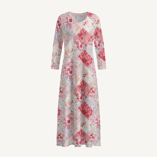 Shabby Chic Floral Patchwork Print Soft-Touch Stretch Knit Long Sleeve Maxi Dress with Pockets