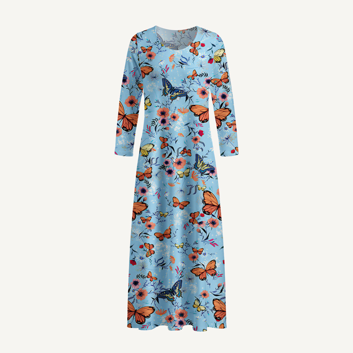 Butterfly Blossom Print Soft-Touch Stretch Knit Long Sleeve Maxi Dress with Pockets