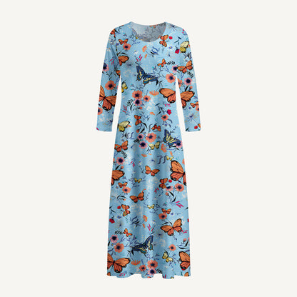 Butterfly Blossom Print Soft-Touch Stretch Knit Long Sleeve Maxi Dress with Pockets