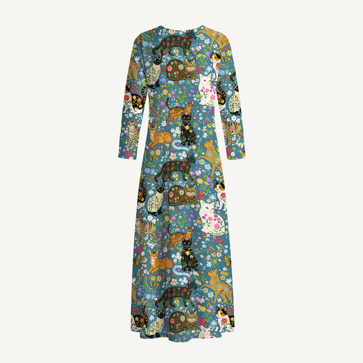 Colorful Garden Cat Pattern Print Soft-Touch Stretch Knit Long Sleeve Maxi Dress with Pockets