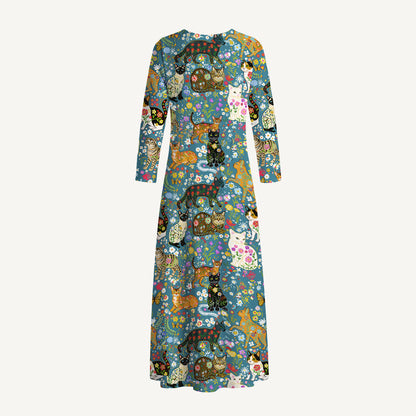 Colorful Garden Cat Pattern Print Soft-Touch Stretch Knit Long Sleeve Maxi Dress with Pockets