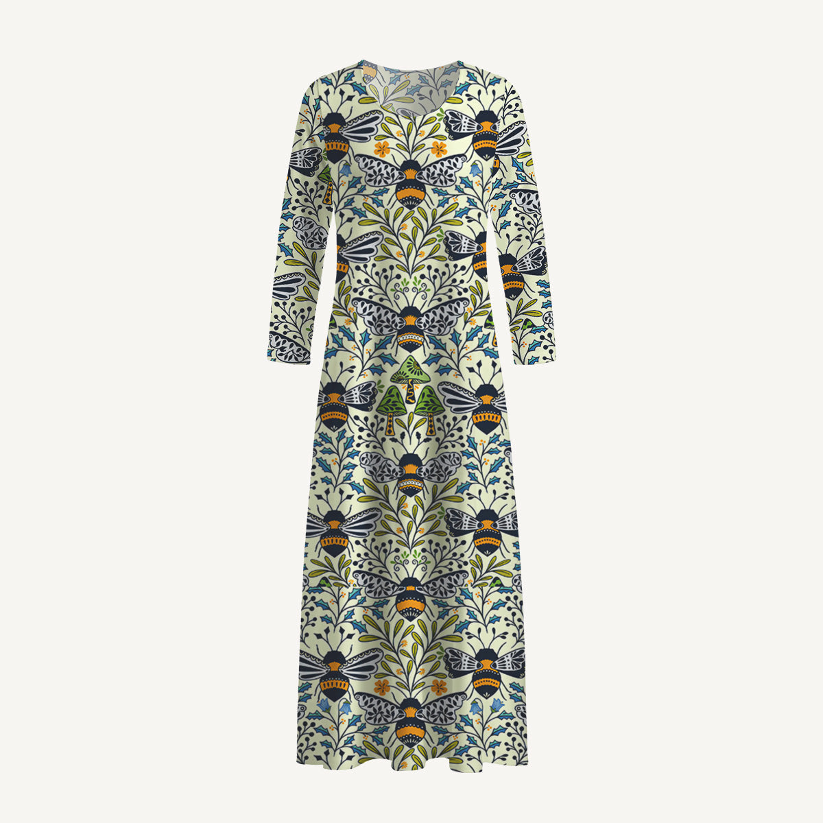 Botanical Bee Garden Print Soft-Touch Stretch Knit Long Sleeve Maxi Dress with Pockets