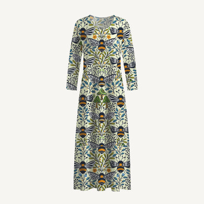 Botanical Bee Garden Print Soft-Touch Stretch Knit Long Sleeve Maxi Dress with Pockets