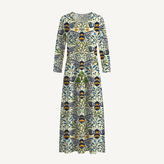 Botanical Bee Garden Print Soft-Touch Stretch Knit Long Sleeve Maxi Dress with Pockets