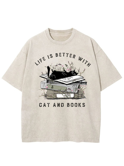 Vintage Floral Cat Books Washed T-Shirt