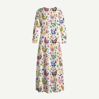 Funky Retro Chicken Print Soft-Touch Stretch Knit Long Sleeve Maxi Dress with Pockets
