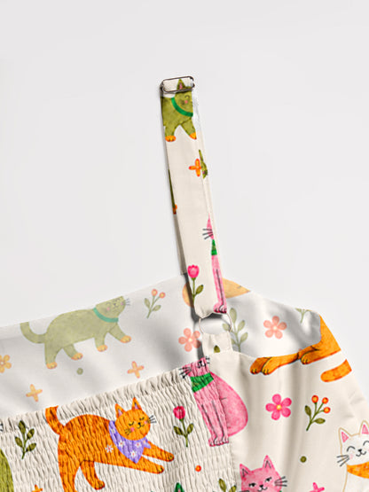 Whimsical Cat & Garden Blooms Print Wide Straps Maxi Dress With Pockets