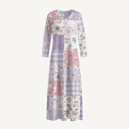 Sweet Cottage Patchwork Print Soft-Touch Stretch Knit Long Sleeve Maxi Dress with Pockets