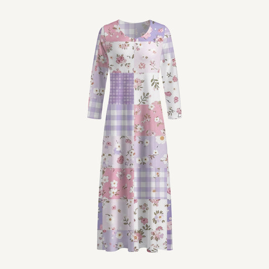 Sweet Cottage Patchwork Print Soft-Touch Stretch Knit Long Sleeve Maxi Dress with Pockets