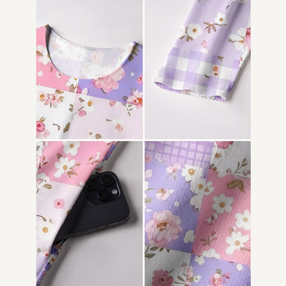 Sweet Cottage Patchwork Print Soft-Touch Stretch Knit Long Sleeve Maxi Dress with Pockets