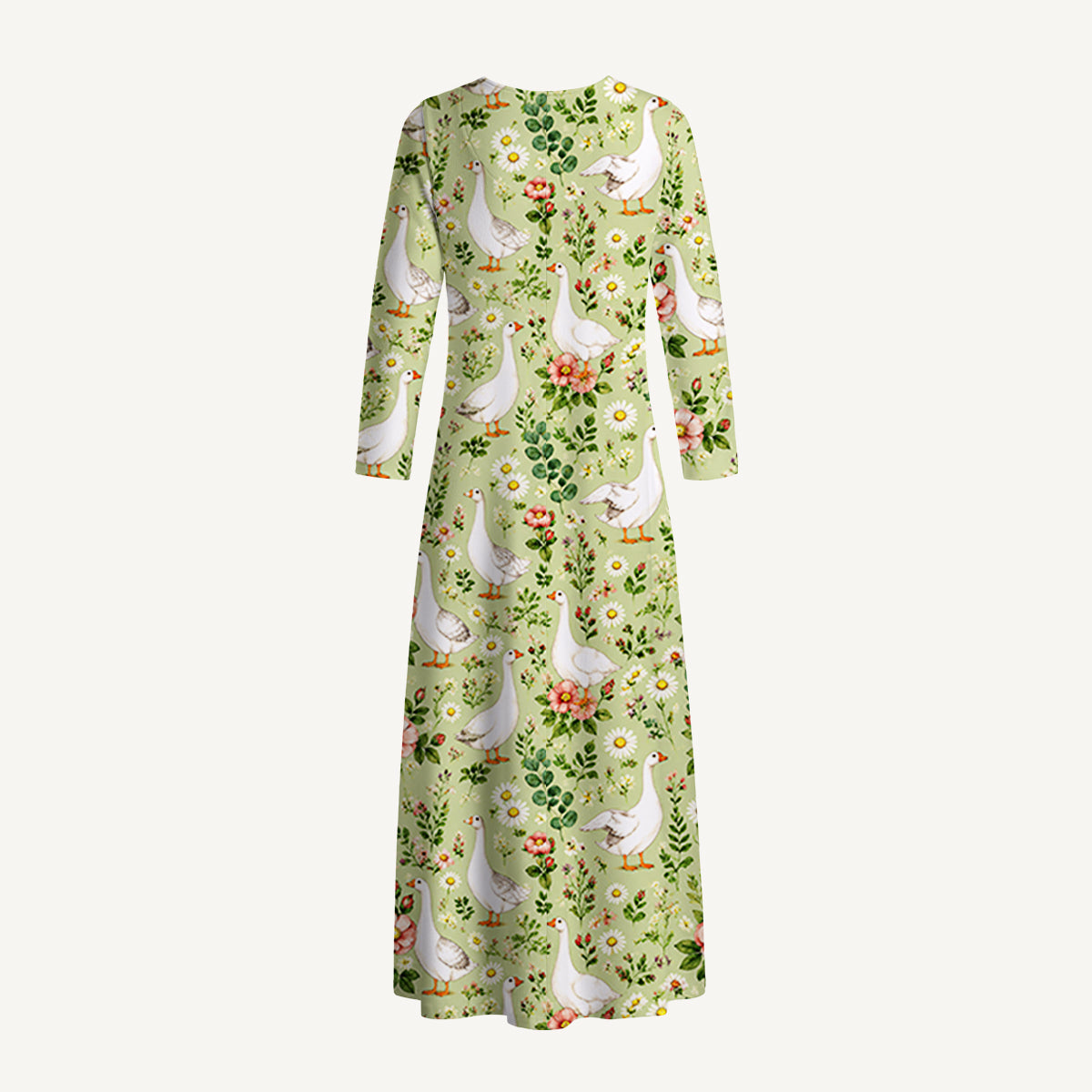 Pastoral Goose Garden Print Soft-Touch Stretch Knit Long Sleeve Maxi Dress with Pockets