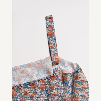 Retro Orange Flower Meadow Print Wide Straps Maxi Dress With Pockets