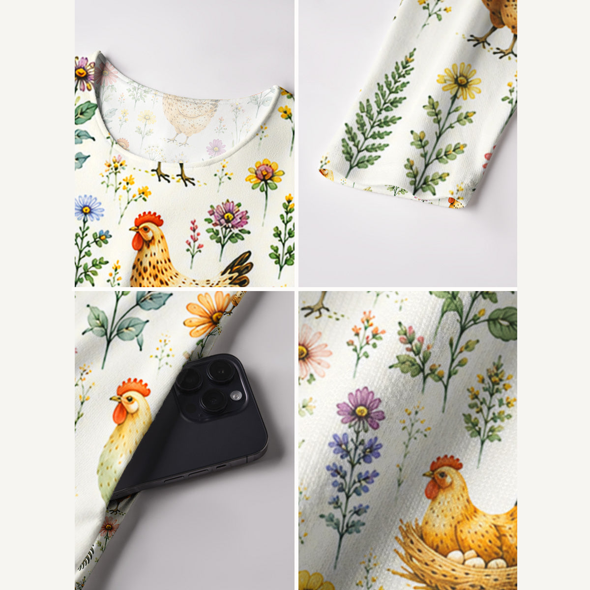 Watercolor Chickens Leaves Print Soft-Touch Stretch Knit Long Sleeve Maxi Dress with Pockets