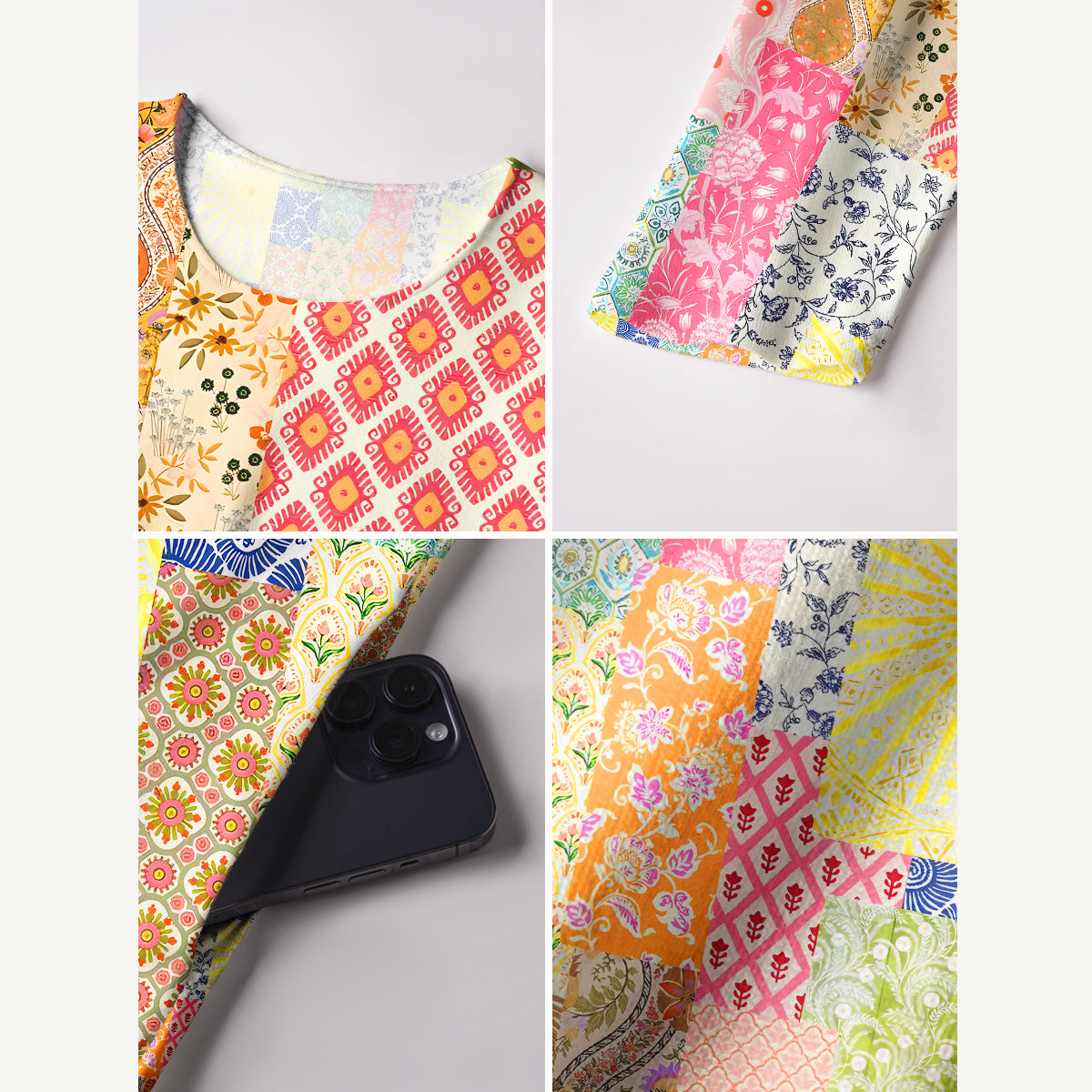 Colorful Bohemian Patchwork Print Soft-Touch Stretch Knit Long Sleeve Maxi Dress with Pockets