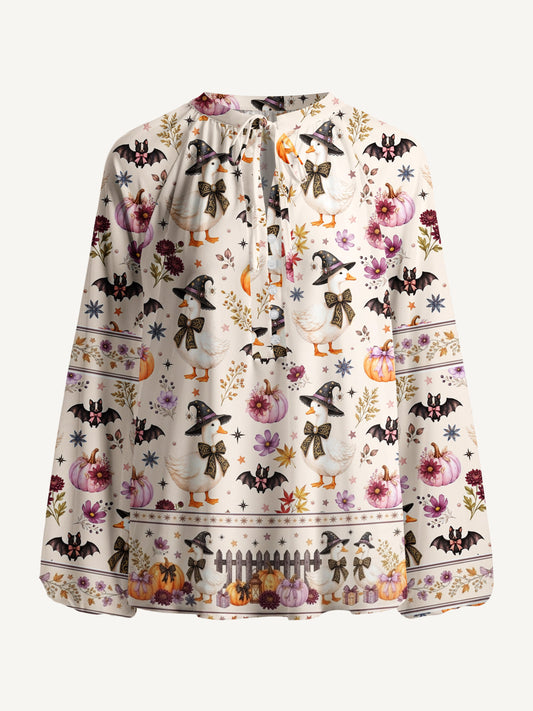 Rustic Halloween Goose Print Boho Long Sleeve Tie‑Neck Blouse