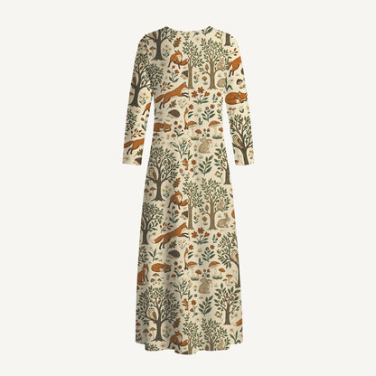 Woodland Creatures Print Soft-Touch Stretch Knit Long Sleeve Maxi Dress with Pockets