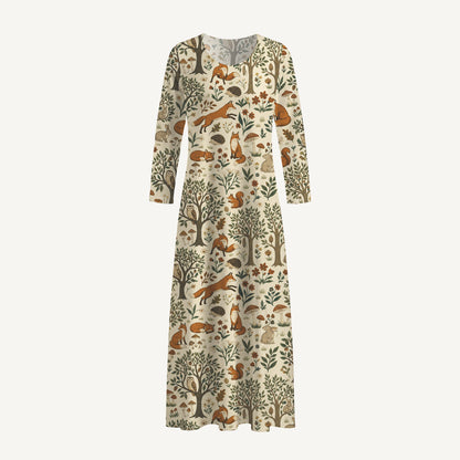 Woodland Creatures Print Soft-Touch Stretch Knit Long Sleeve Maxi Dress with Pockets