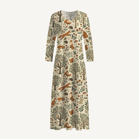 Woodland Creatures Print Soft-Touch Stretch Knit Long Sleeve Maxi Dress with Pockets