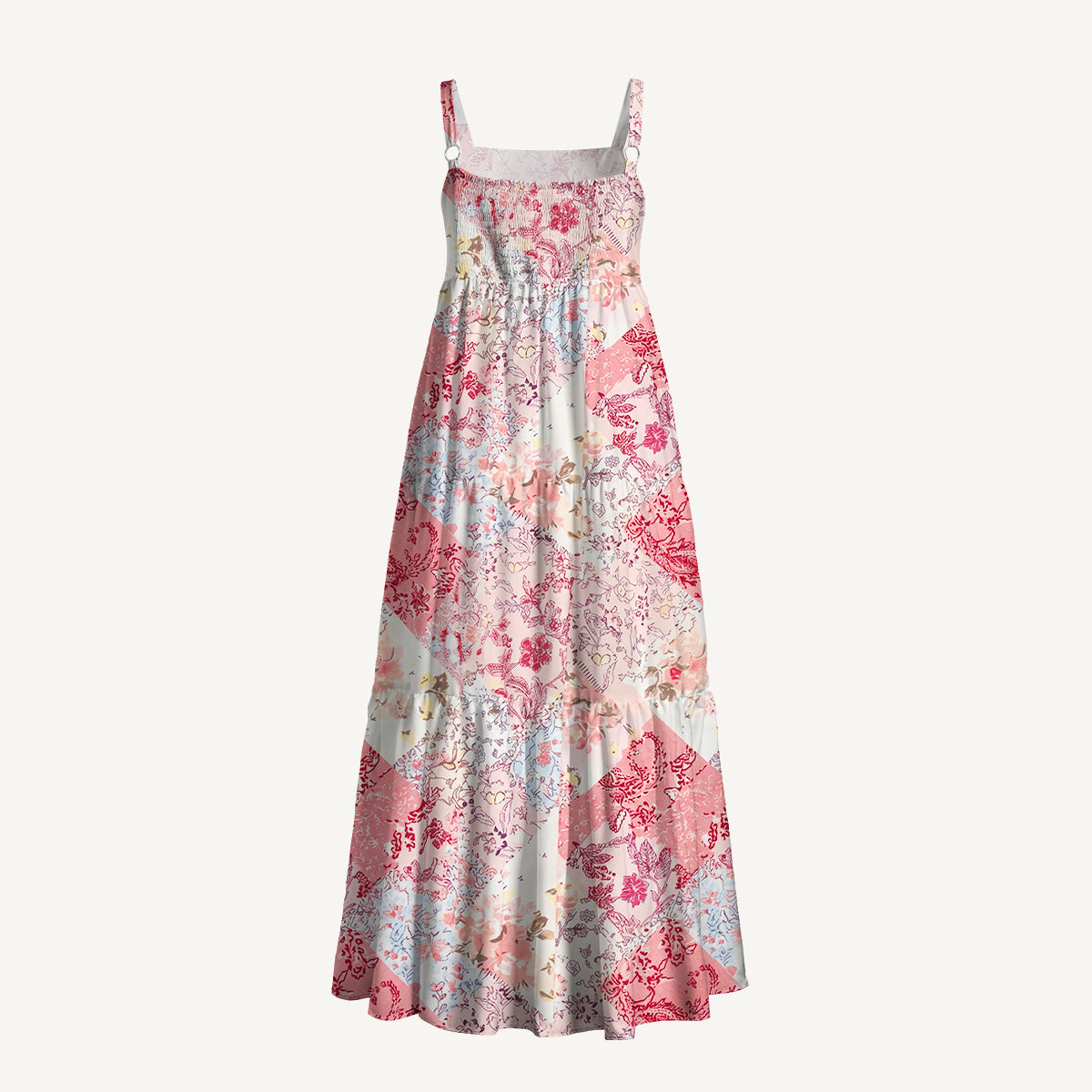 Shabby Chic Floral Patchwork Print Wide Straps Maxi Dress With Pockets