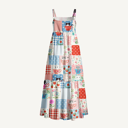 Teatime Kitty Patchwork Print Wide Straps Maxi Dress With Pockets