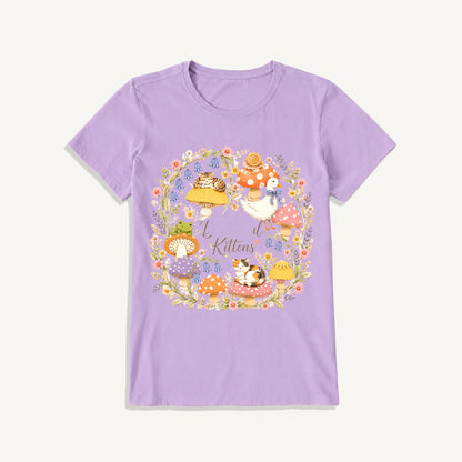 Botanical Kittens Mushroom Wreath Print Crew Neck Cotton Tee
