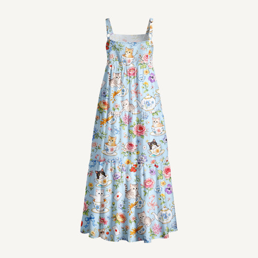 Alice Teacup Kitty Garden Print Wide Straps Maxi Dress With Pockets