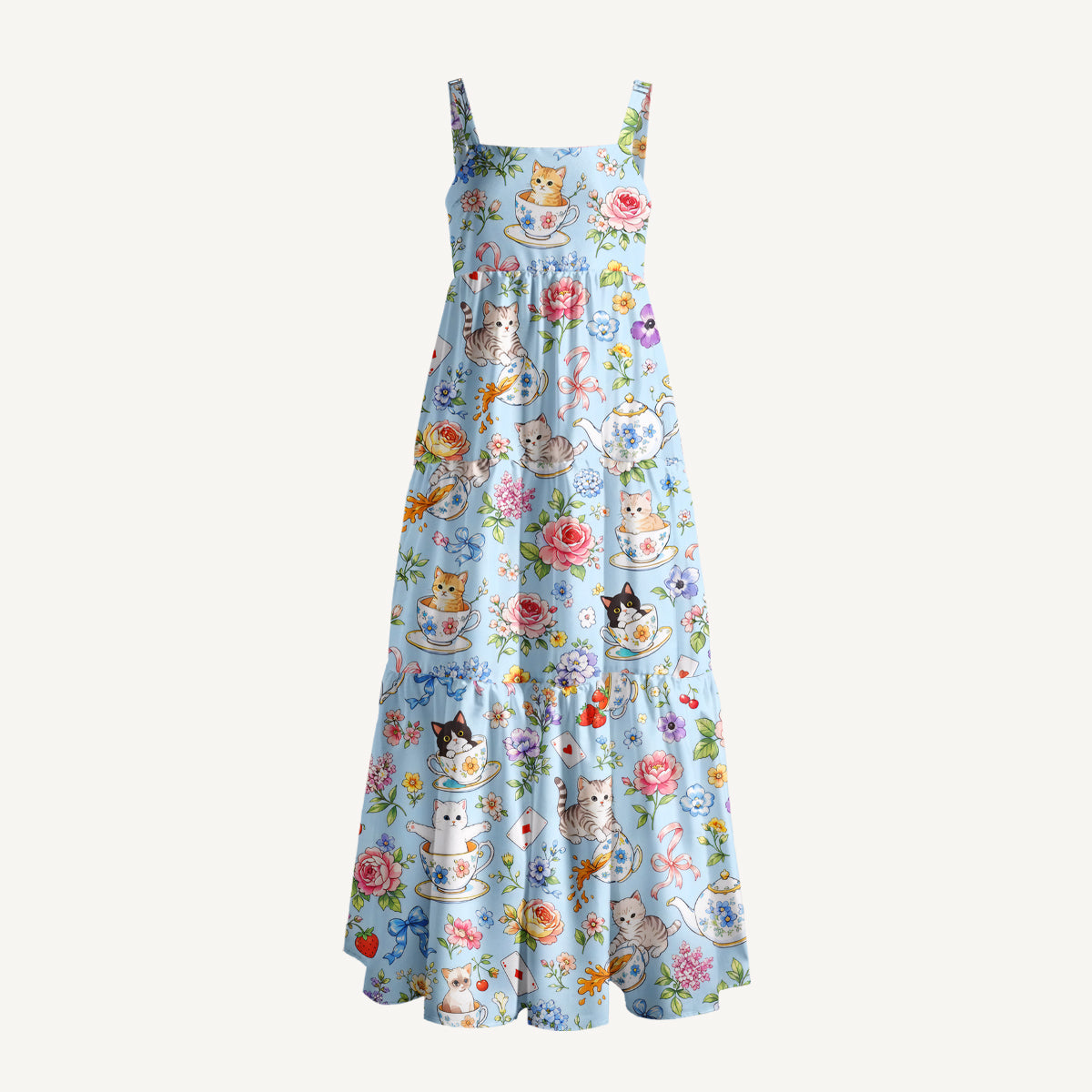 Alice Teacup Kitty Garden Print Wide Straps Maxi Dress With Pockets