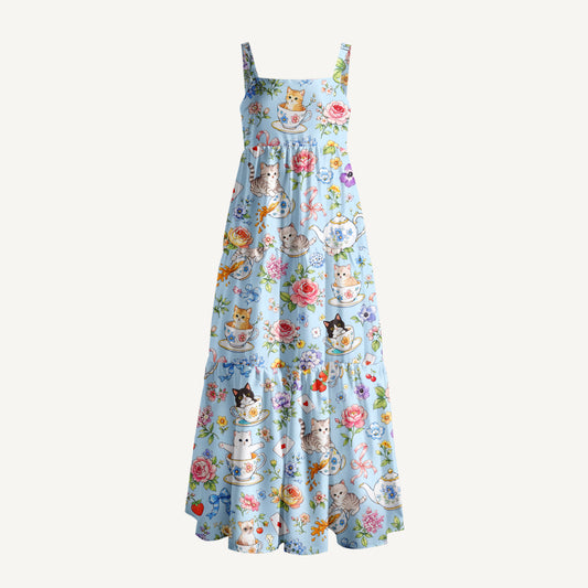 Alice Teacup Kitty Garden Print Wide Straps Maxi Dress With Pockets