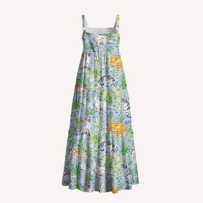 Cat Leaves Wide Straps Maxi Dress With Pockets