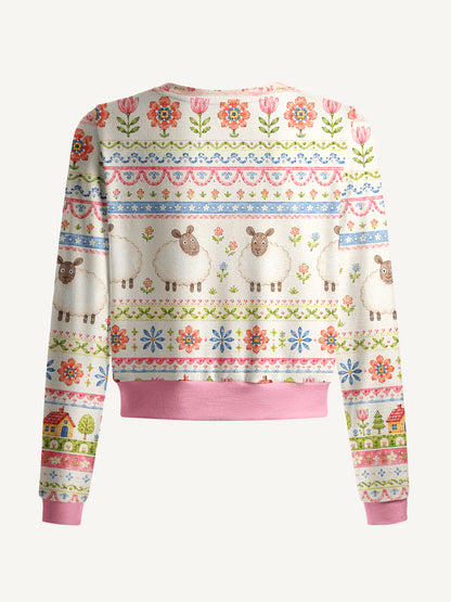 Lightweight Crew Neck Long‑Sleeve Cropped Pastoral Sheep Bands Print Fine‑Knit Cardigan