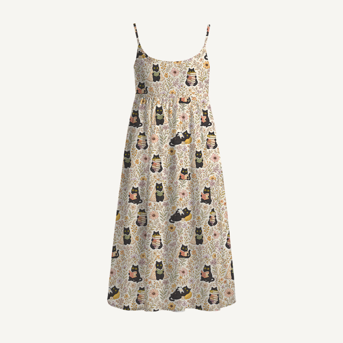Books Blooms and Black Cats Print Spaghetti Strap Mini Dress
