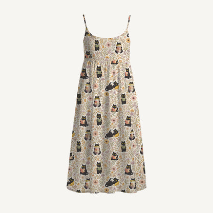 Books Blooms and Black Cats Print Spaghetti Strap Mini Dress