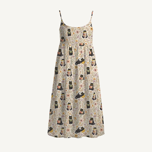 Books Blooms and Black Cats Print Spaghetti Strap Mini Dress