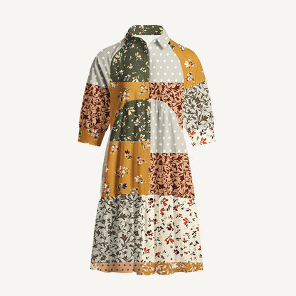 V Neck Collared Rustic Floral Patchwork Print Mini Dress For Women With Pockets
