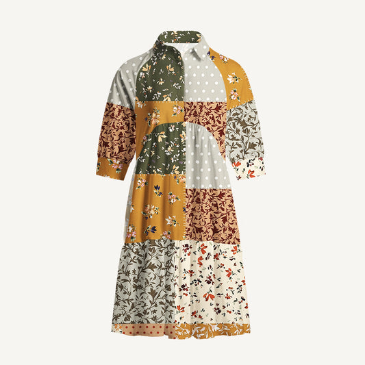 V Neck Collared Rustic Floral Patchwork Print Mini Dress For Women With Pockets