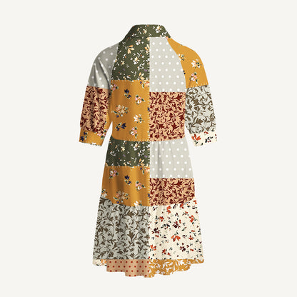 V Neck Collared Rustic Floral Patchwork Print Mini Dress For Women With Pockets